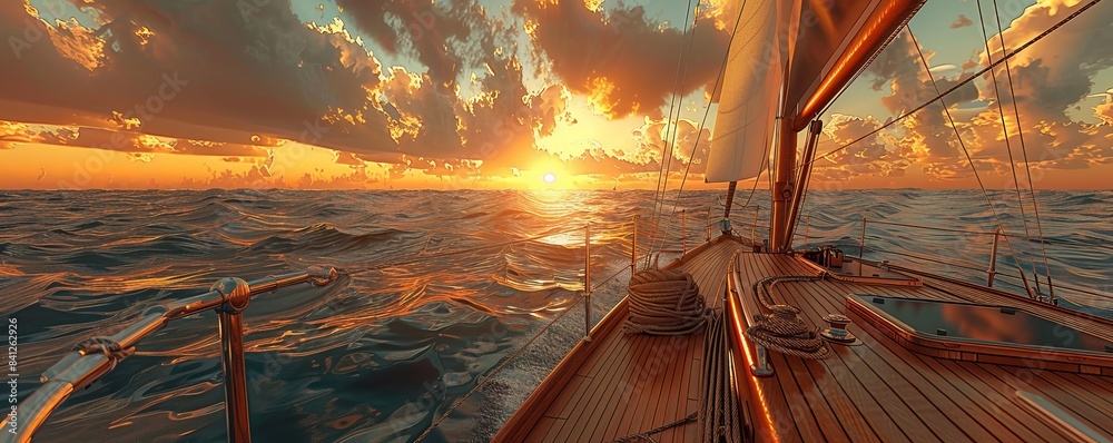 Fototapeta premium Generative AI illustration of scenic view of sailboat with wooden deck and mast with rope floating on rippling dark sea against cloudy sunset sky