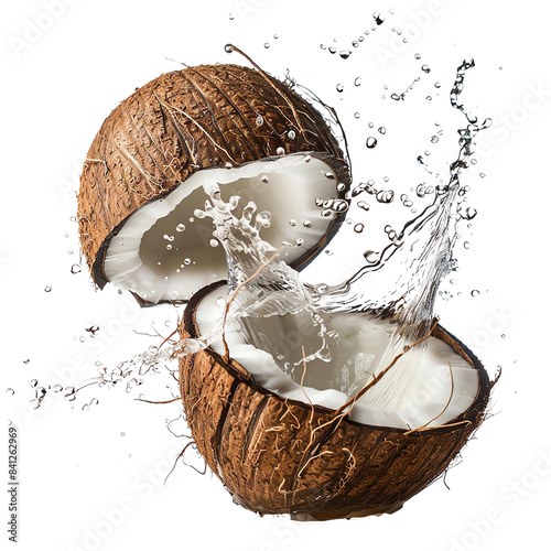 Freshly cracked coconut with a splash of coconut water, showcasing the natural texture and refreshing liquid inside.