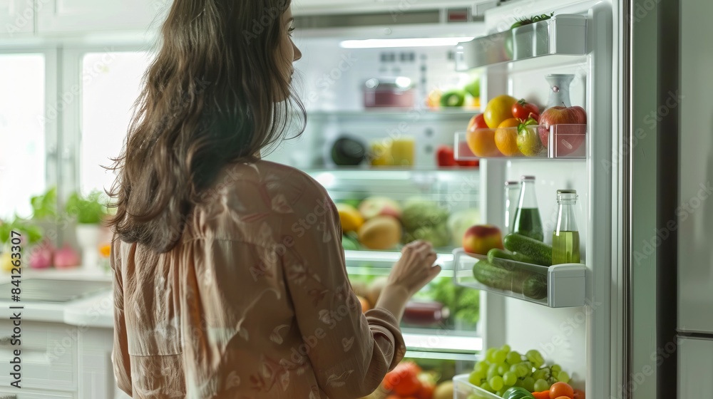 Woman in a casual setting checking fresh produce inside a refrigerator AI Woman in a casual setting checking fresh produce inside a refrigerator AI