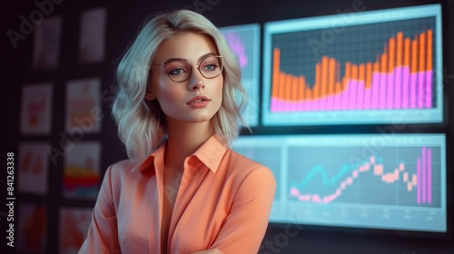 Dynamic Young Businesswoman Analyzing Financial Data on Screens in Modern Office