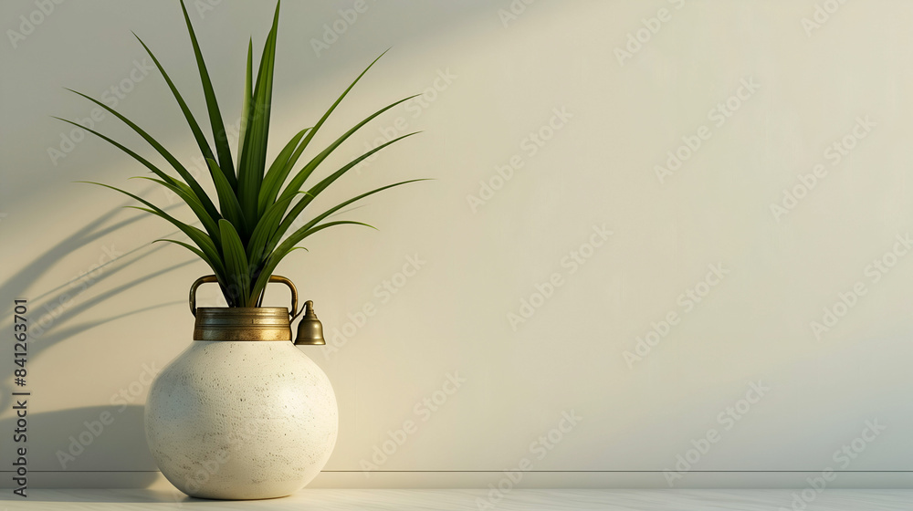 Green plant in a decorative pot with a bell accent, placed in a sunlit room. Ideal for themes of indoor gardening, minimalist decor, and tranquil living spaces Green plant in a decorative pot with a bell accent, placed in a sunlit room. Ideal for themes of indoor gardening, minimalist decor, and tranquil living spaces