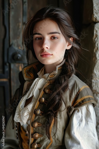 Stunning Brunette Girl with Long Hair in 16th-17th Century Men’s Military Attire 
