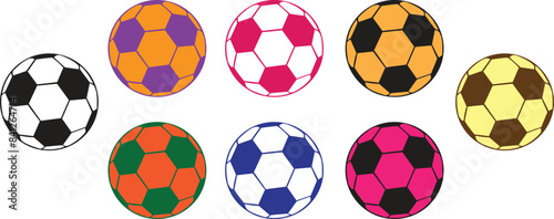 Set of Soccer ball or football flat vectors icons. European football logos designs in different colors for sports apps and websites. Mockup of sports elements isolated on transparent background.
