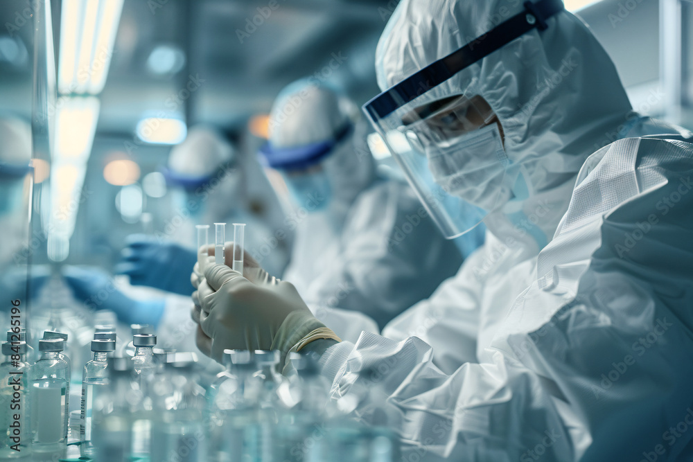 a man in a lab coat and mask working on a machine