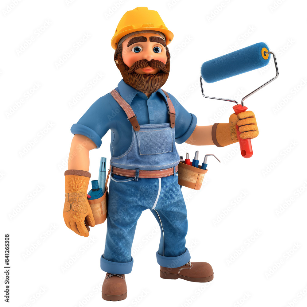 Cartoon construction worker in overalls with tools and paint roller, ready for work. Ideal for illustrating labor and DIY themes. Cartoon construction worker in overalls with tools and paint roller, ready for work. Ideal for illustrating labor and DIY themes.
