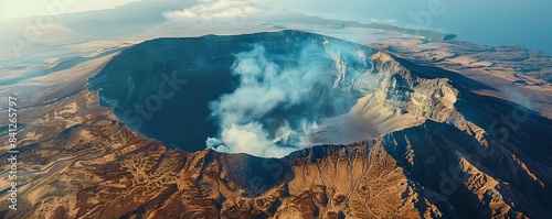 Aerial shot of Mount Aso Crater erupting, Kumamoto Prefecture, Kyushu, Japan.