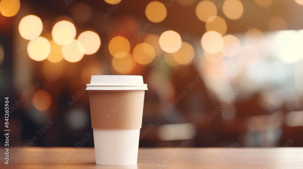 Paper cup of coffee on a wooden table in a coffee shop. Space for text and design. Paper cup of coffee on a wooden table in a coffee shop. Space for text and design.