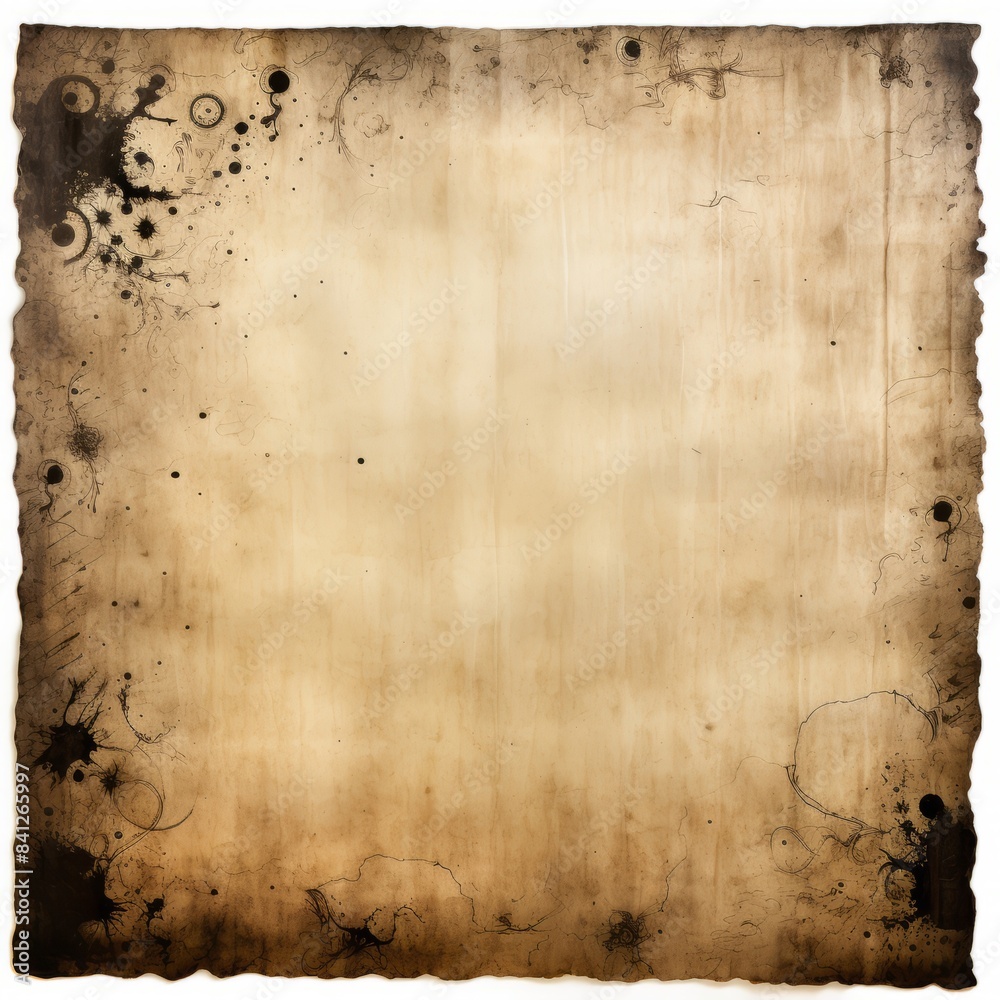 Fototapeta premium Sheet of aged paper stained with black ink, background, copy space.