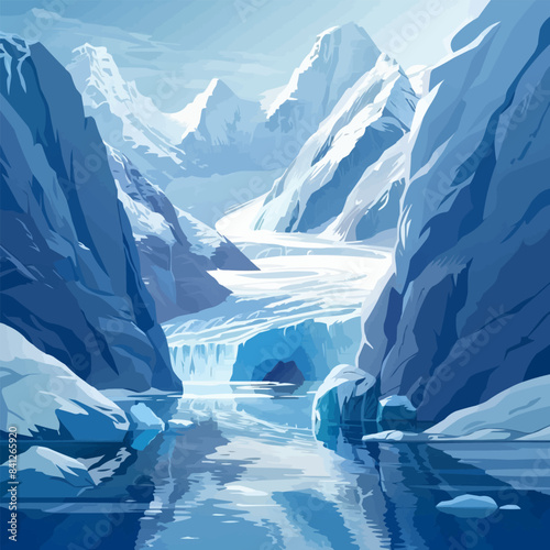 Ice-capped mountains with icy caves and crystal-clear lakes. Digital art style vector flat minimalistic isolated illustration.