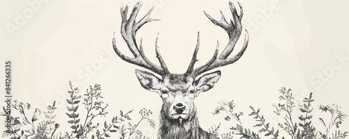 A deer with antlers is standing in a field of flowers