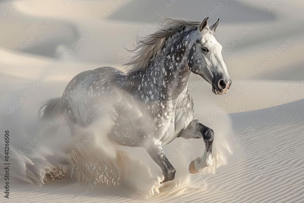 Fototapeta premium Beautiful gray and black calculation horse rearing in white desert sand, high quality photo The horse is depicted in the style of Calculation in the white desert sand