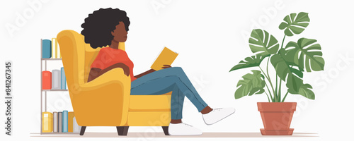 Girl reading book, sitting in armchair in living room. Young black woman in chair at home with literature. Businesswoman reader. Flat vector realistic illustration isolated on transparent background.