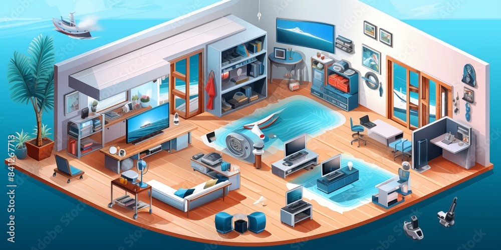 Stylish isometric 3D coastal home office equipped with smart appliances ...
