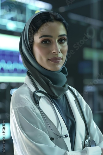 an arab woman style with veil, doctor and researcher,in proud portrait face, female empowerment concept