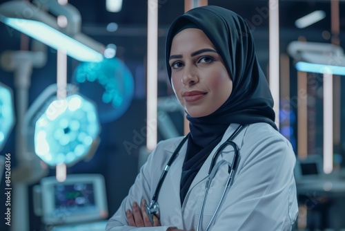 an arab woman style with veil, doctor and researcher,in proud portrait face, female empowerment concept