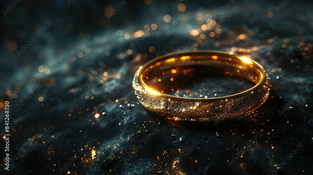 A golden ring rests on a shimmering, dark surface with sparkling water droplets. A golden ring rests on a shimmering, dark surface with sparkling water droplets.