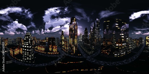 Night city, Cityscape, Environment map. HDRI map. Equirectangular projection. Spherical panorama., 3D rendering