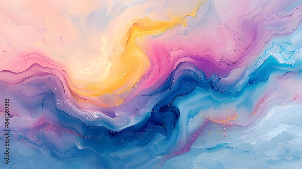 Obraz premium Abstract watercolor marble wave background, 3d fluid ocean object texture, iridescent opalescent gradient, modern luxury art deco wallpaper, aesthetic beauty pattern in pastel painting landscape.