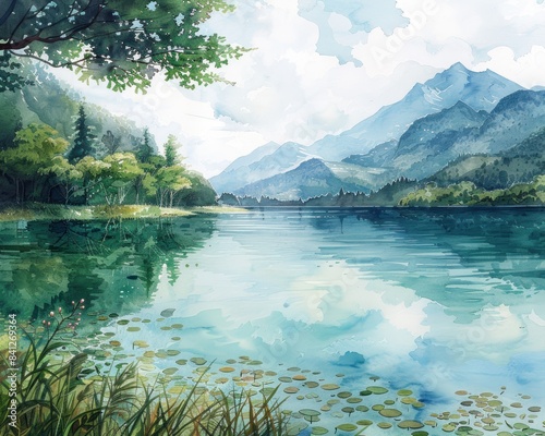 A serene, watercolor landscape featuring a crystal-clear lake surrounded by lush greenery and mountains, emphasizing the purity and tranquility of water