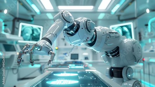 Futuristic surgical robot in high technology operating room, performing automated medical health care operation, 3d digital interface, holographic display remote control hospital equipment background.