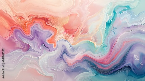 Abstract marble water wave background, 3d fluid ocean object texture, iridescent opalescent gradient, modern luxury art deco wallpaper, aesthetic beauty pattern in pastel watercolor painting landscape