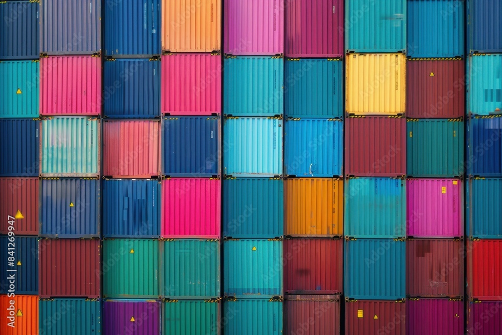 Fototapeta premium Colorful container stack against brick wall with blue sky background for industrial storage and logistics solution