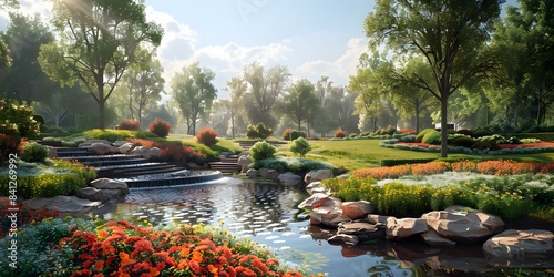 A beautiful park with a pond, flowers, and trees photo