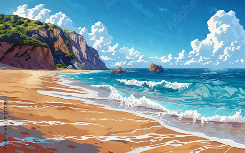 A secluded beach where gentle waves wash the golden sand, with a rocky cape visible in the distance. Vector illustration.