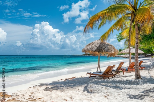 Tropical beach with white sand, turquoise ocean, and palm trees. Wooden lounge chairs under straw umbrellas for relaxing. Perfect for vacation and holiday concepts. Enjoy summer vibes. Generative AI