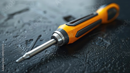 Close-up of a precision screwdriver laying on a wet, texture-rich surface, highlighting its metallic and orange handle. photo