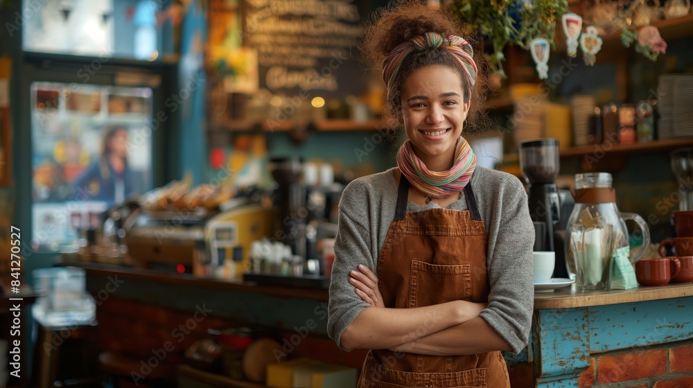 Smiling barista in a cozy coffee shop wearing an apron, standing with arms crossed in a warm and colorful environment. Smiling barista in a cozy coffee shop wearing an apron, standing with arms crossed in a warm and colorful environment.