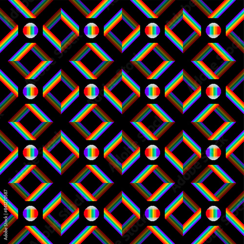 Abstract Pixel Art Style 8 bit Patterns Background, Prism Rainbow Reflected and Sphere on Black Background