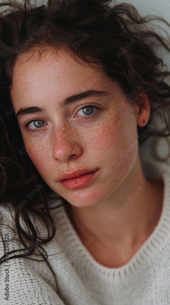 A close up of a woman with freckles on her face A close up of a woman with freckles on her face