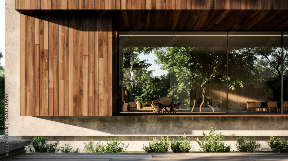 New construction house exterior with contemporary home plan features wood siding and big window. New construction house exterior with contemporary home plan features wood siding and big window.