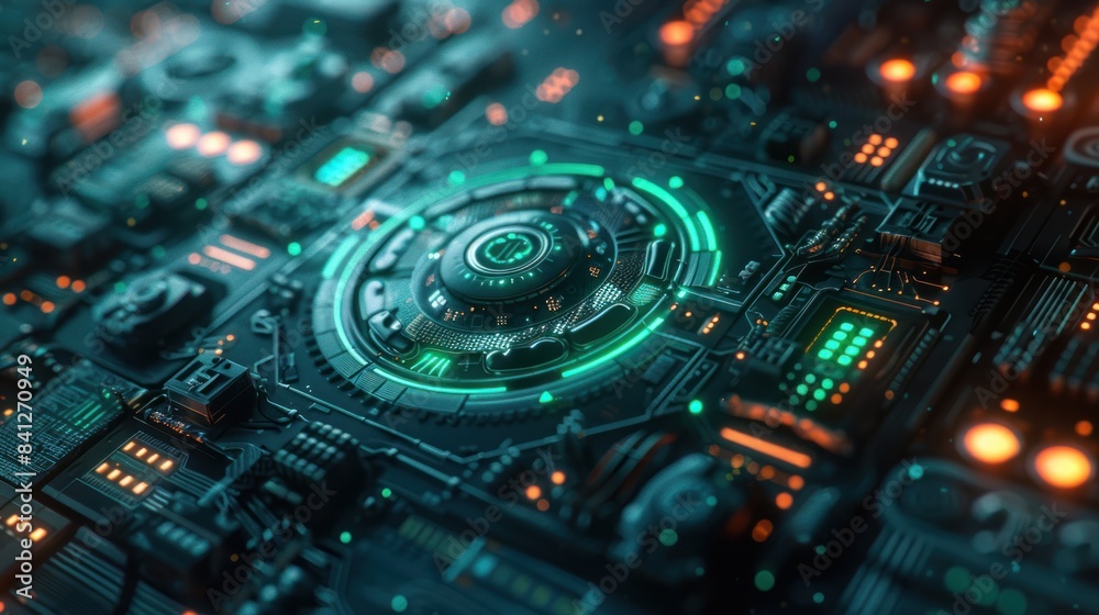 Futuristic unlocking mechanism with holographic interface, Sci-fi, Blue and green, Digital illustration Futuristic unlocking mechanism with holographic interface, Sci-fi, Blue and green, Digital illustration