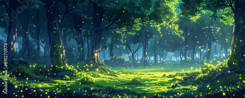 A magical forest bathed in the soft glow of fireflies, with towering trees and a carpet of moss underfoot. Vector flat minimalistic isolated illustration.