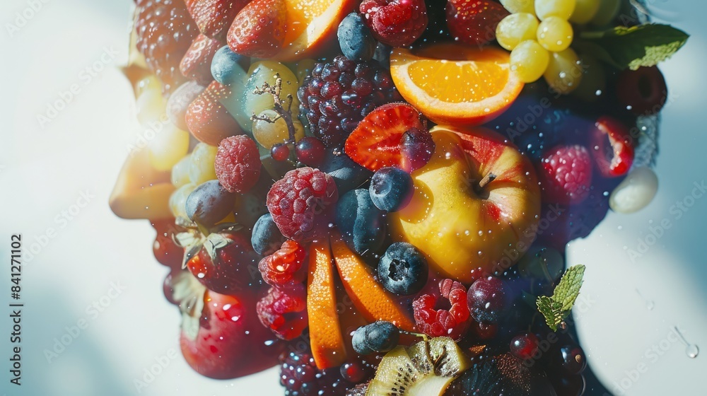 Fruits (close up, focus on, copy space) Vibrant and fresh appearance Double exposure silhouette with a fruit basket