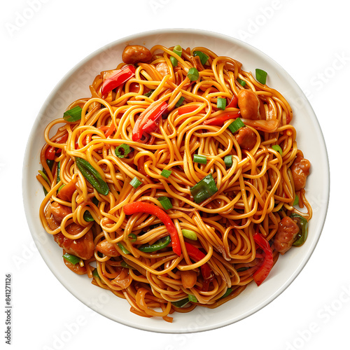 [Transparent Background PNG]Delicious Chicken Chow Mein Noodles on a White Plate