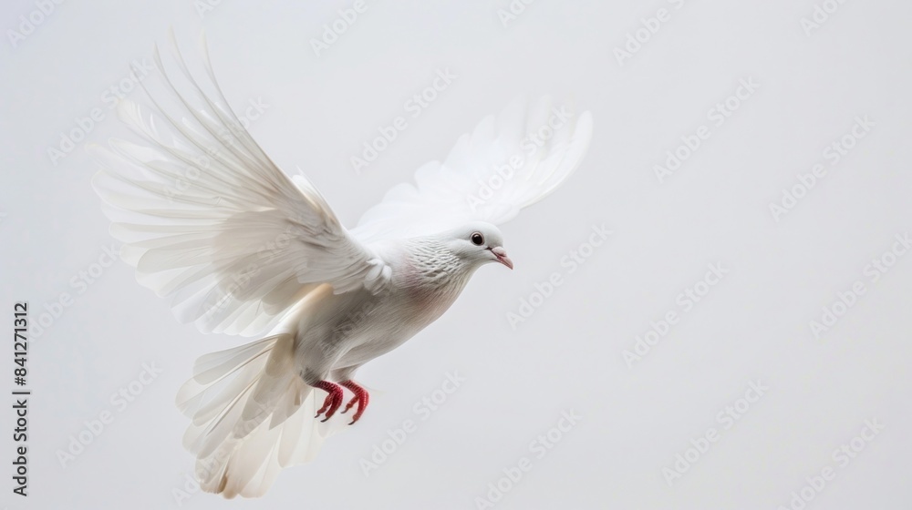 Fototapeta premium Close-up of the elegant motion of a white dove taking flight against a white sky