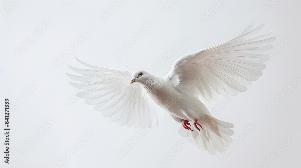 Close-up of the elegant motion of a white dove taking flight against a white sky