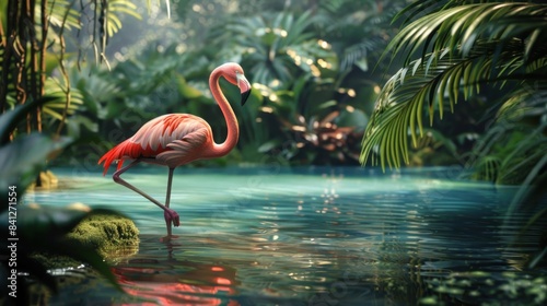 The beauty of a pink flamingo standing in a shallow lake, enveloped by lush greenery photo
