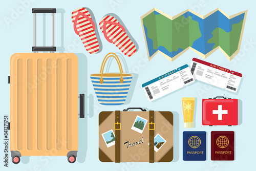 Set of travel elements in cartoon style. Vector illustration of beautiful icons: suitcase, flip flops, tickets, map, beach bag, suitcase, sunscreen, first aid kit isolated on light blue background.