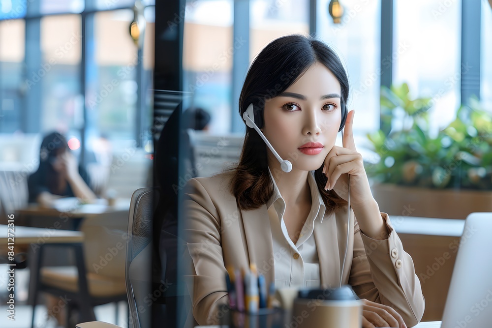 Confident businesswoman in casual office talks on call using a headset. Working remotely, she engages confidently from a bright modern cafe. Perfect for business and communication concepts Confident businesswoman in casual office talks on call using a headset. Working remotely, she engages confidently from a bright modern cafe. Perfect for business and communication concepts