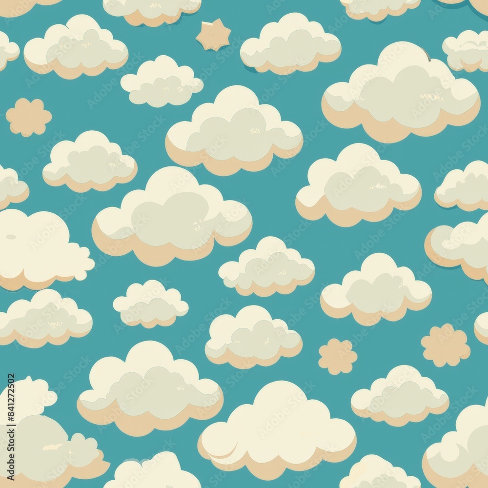 Seamless pattern of cute clouds with subtle shading, Generative AI