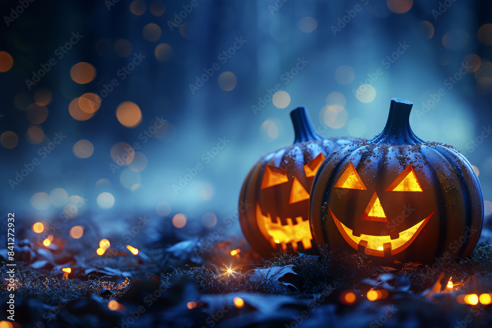 Fototapeta premium Halloween pumpkins on a dark background with lights and bokeh, a spooky Halloween design with glowing faces in the style of different artists.