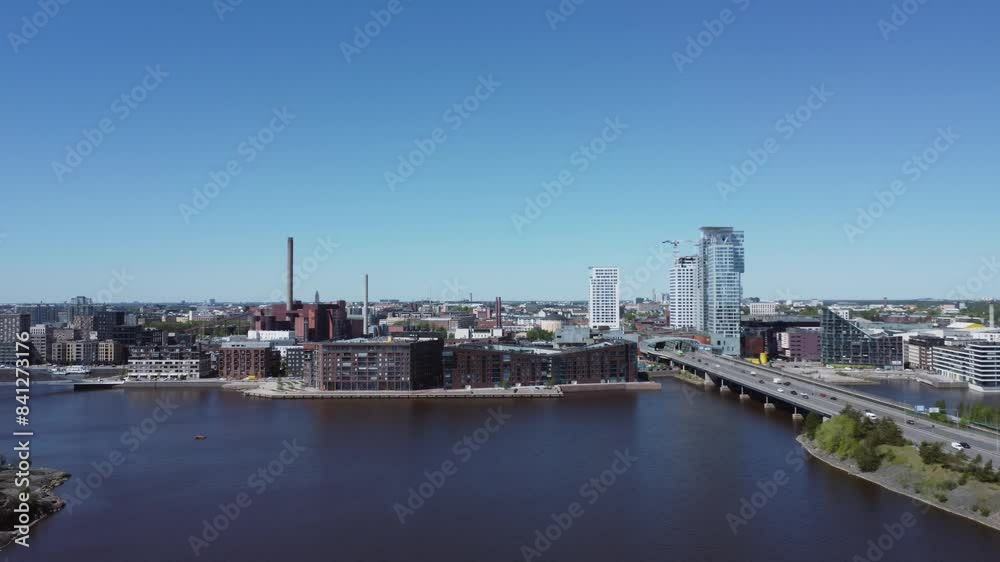 Helsinki aerial approaches Kulosaari Bridge over Baltic Sea inlet Helsinki aerial approaches Kulosaari Bridge over Baltic Sea inlet