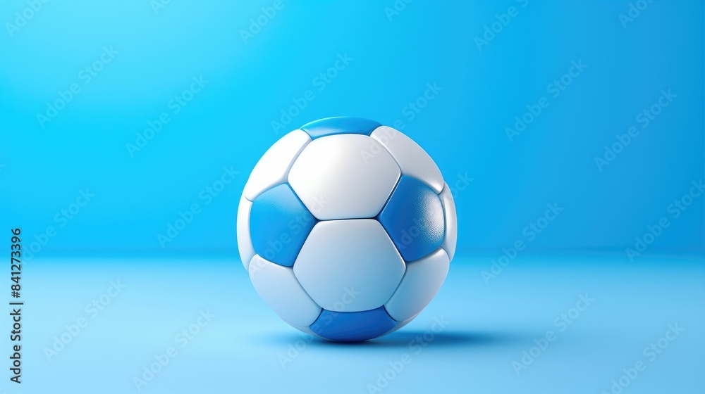 Naklejka premium A white and blue soccer ball set against a minimalistic blue background, creating a vibrant and sporty atmosphere.