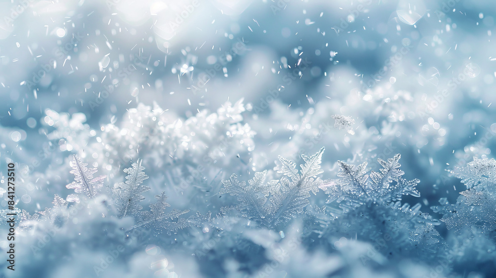 A close-up view of snowflakes, intricate ice crystals in sharp focus, delicate glistening ice formations, blurred snowy background A close-up view of snowflakes, intricate ice crystals in sharp focus, delicate glistening ice formations, blurred snowy background