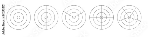 Polar grid concentric circles and steps. Blank vector polar graph paper. Radar circular graph screen. Grid with concentric circles diagram. Vector