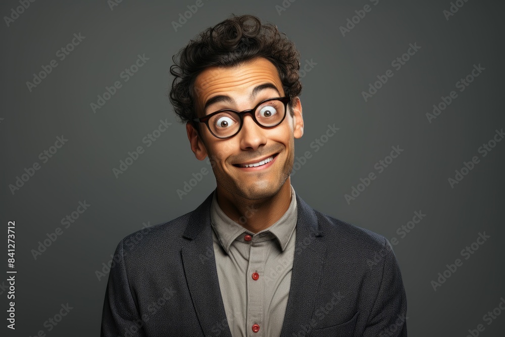 A quirky portrait of a man in glasses and a suit, standing against a grey background. A quirky portrait of a man in glasses and a suit, standing against a grey background.